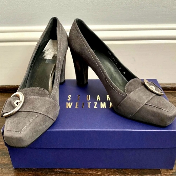 Stuart Weitzman Charcoal Suede 'Edit' Square Toe Pumps - Picture 12 of 12